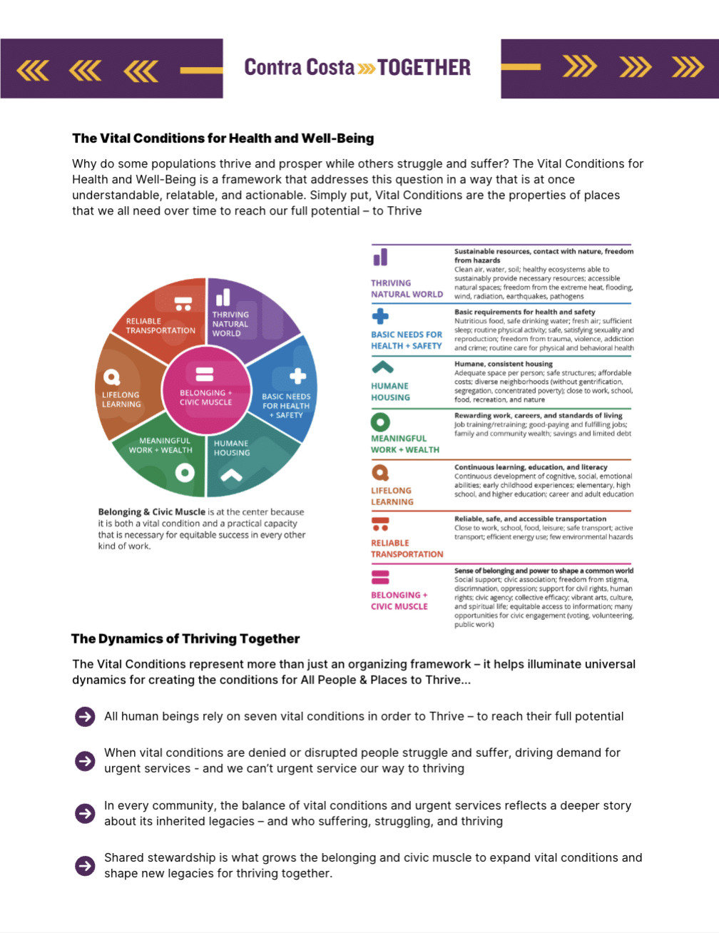 Vital Conditions for Well Being and Dynamics for Thriving Together screenshot of a one-pager