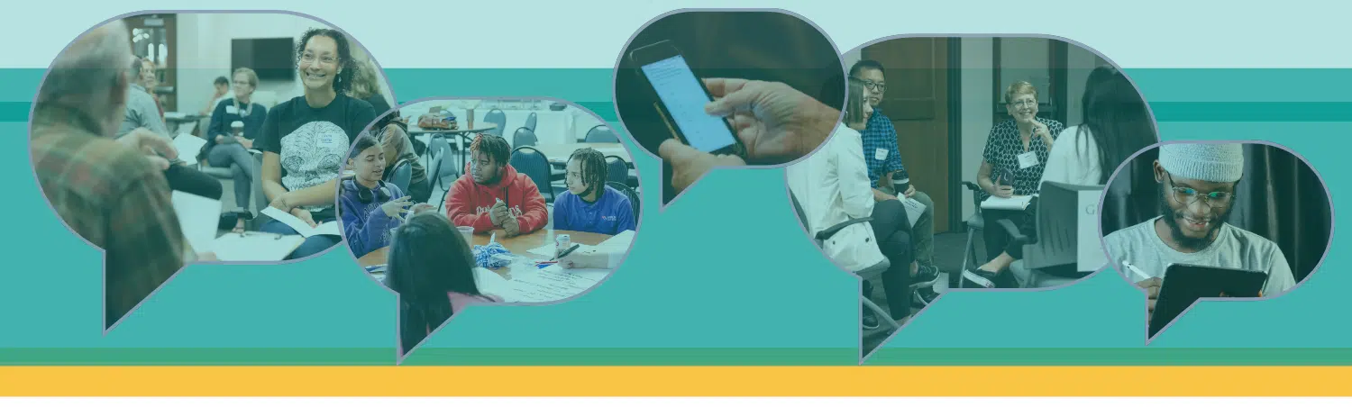 a collage of a city with arrows